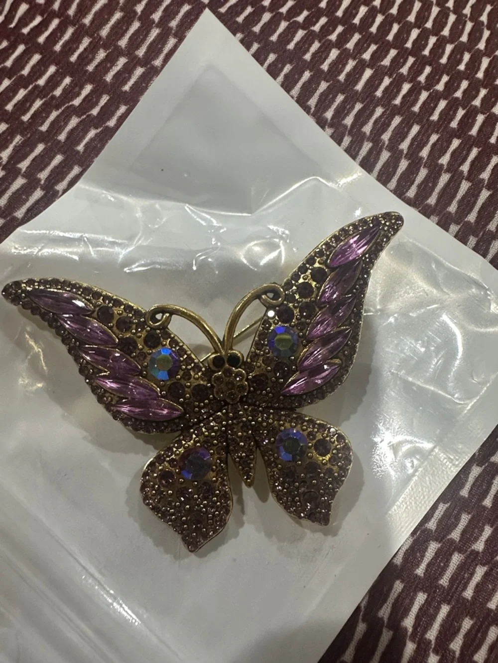 Purple Rhinestone Butterfly Brooch Pin - Gold Tone
